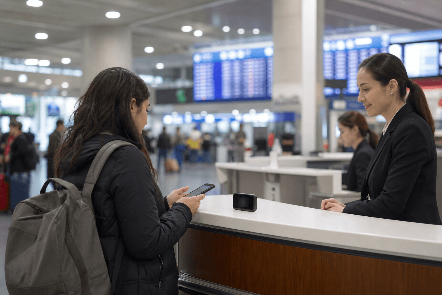 Rental pocket Wi-Fi and traveller with eSIM smartphone at Montreal airport, eSIM Giga banner